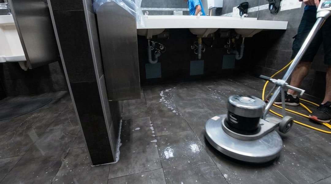 Scrubbing machine working the tile floor beside washroom stalls