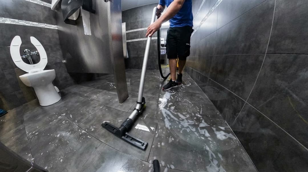 Vacuuming the dirty water off the floor inside a toilet stall
